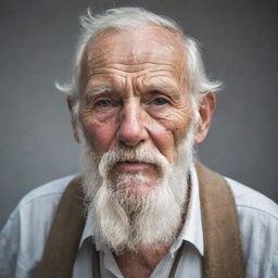 An old man is seen, with wrinkles mapping his face. He sports a white beard, a wise gaze, and carries an air of profound wisdom. He's clad in simple clothes, mirroring his humble lifestyle.