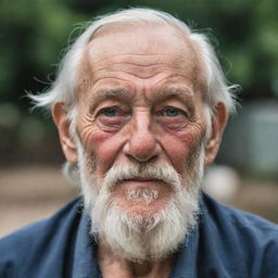 An old man is seen, with wrinkles mapping his face. He sports a white beard, a wise gaze, and carries an air of profound wisdom. He's clad in simple clothes, mirroring his humble lifestyle.