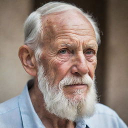 An old man is seen, with wrinkles mapping his face. He sports a white beard, a wise gaze, and carries an air of profound wisdom. He's clad in simple clothes, mirroring his humble lifestyle.