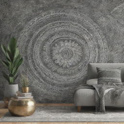 A bohemian art piece, rich in textures and patterns, conveyed entirely in grayscale.