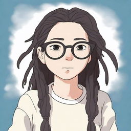 A high-quality Studio Ghibli-style digital art piece, featuring a white girl with black dreadlocks and glasses