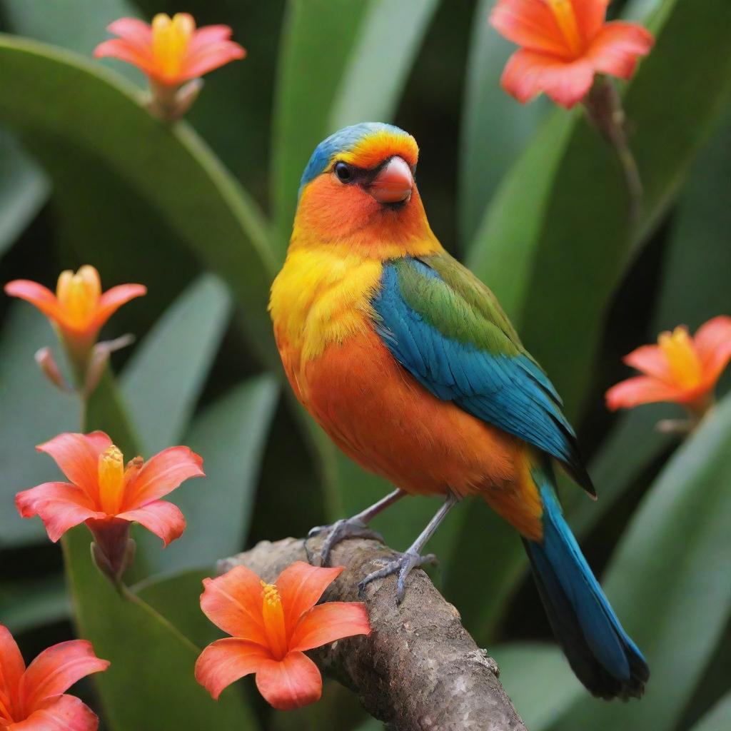 A vibrant singing bird named Pipi in the midst of a rich, tropical setting.