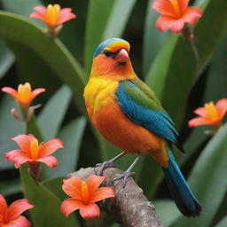 A vibrant singing bird named Pipi in the midst of a rich, tropical setting.