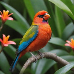 A vibrant singing bird named Pipi in the midst of a rich, tropical setting.