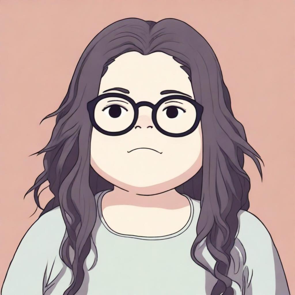 This is a Studio Ghibli-style digital art piece of a chubby white girl with black dreadlocks and glasses