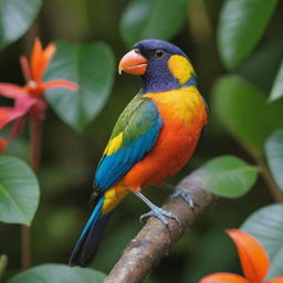 A vibrant singing bird named Pipi in the midst of a rich, tropical setting.