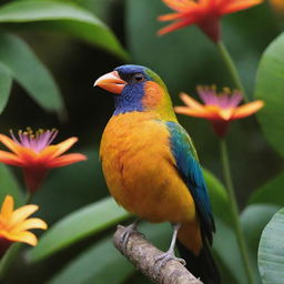 A vibrant singing bird named Pipi in the midst of a rich, tropical setting.