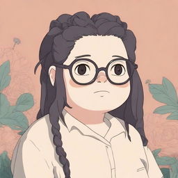 An image rendered in the style of Studio Ghibli, showcasing a chubby white girl with black dreadlocks and glasses