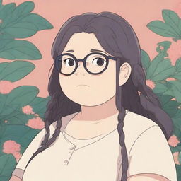 An image rendered in the style of Studio Ghibli, showcasing a chubby white girl with black dreadlocks and glasses