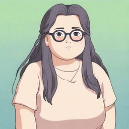 An image rendered in the style of Studio Ghibli, showcasing a chubby white girl with black dreadlocks and glasses