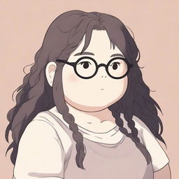 A high-quality digital art piece, rendered in the style of Studio Ghibli, depicts a chubby white girl with black dreadlocks, a fringe, and glasses