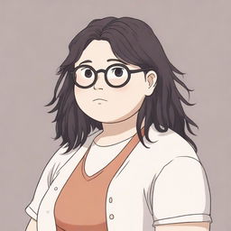 A high-quality digital art piece, rendered in the style of Studio Ghibli, depicts a chubby white girl with black dreadlocks, a fringe, and glasses