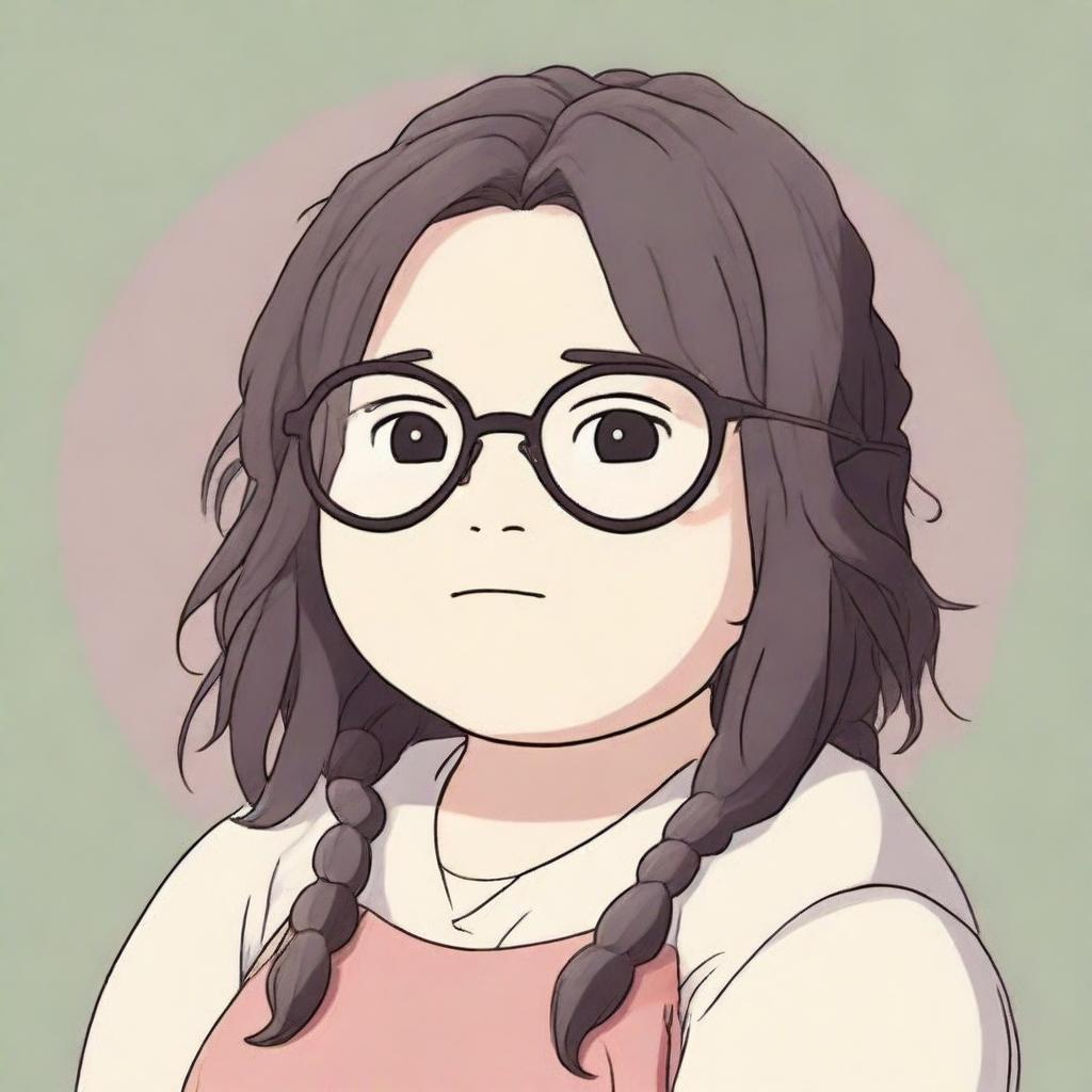 A high-quality digital art piece, rendered in the style of Studio Ghibli, depicts a chubby white girl with black dreadlocks, a fringe, and glasses