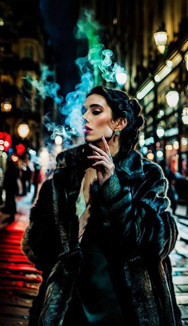 Aloof French woman with dark hair, smoking a cigarette and wearing red lipstick, immersed in Parisian nightlife. She's looking down, surrounded by astigmatism lights.