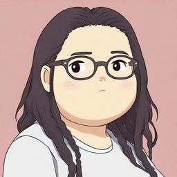 This is a high-quality digital art piece in the style of Studio Ghibli, featuring a chubby white girl with black dreadlocks, bangs, and glasses