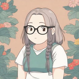 This is a high-quality digital art piece in the style of Studio Ghibli, featuring a chubby white girl with black dreadlocks, bangs, and glasses