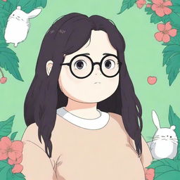 This is a high-quality digital art piece in the style of Studio Ghibli, featuring a chubby white girl with black dreadlocks, bangs, and glasses