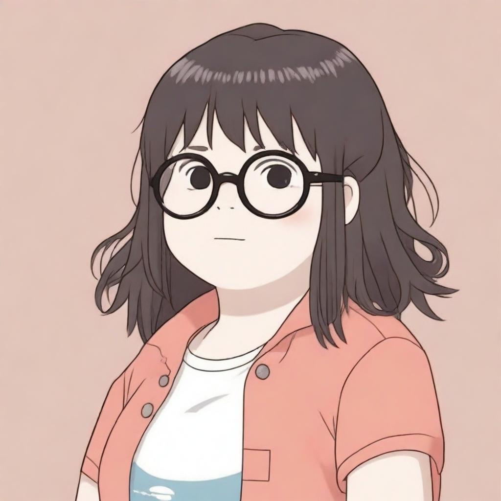 A high-quality digital art piece, drawn in the style of Studio Ghibli, features a chubby white girl with black dreadlocks and bangs, wearing see-through glasses