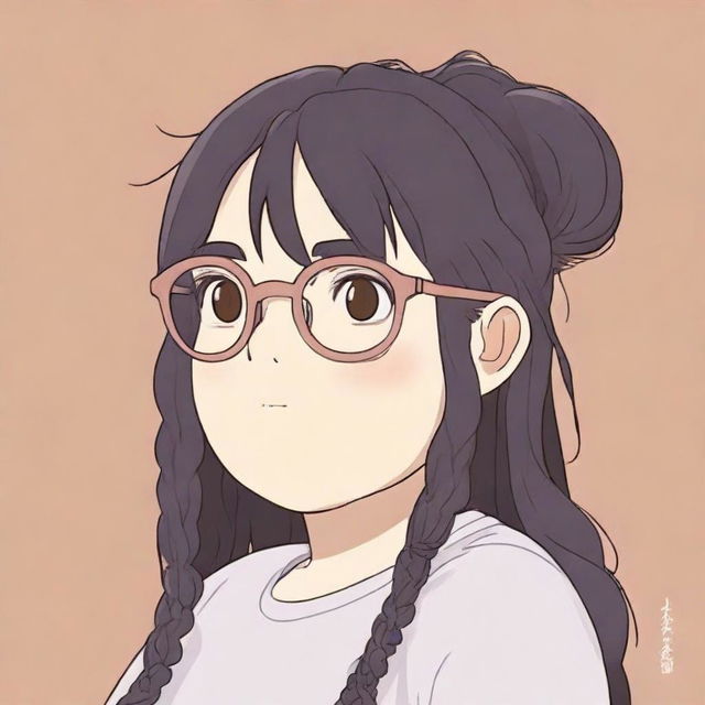 A high-quality digital art piece, drawn in the style of Studio Ghibli, features a chubby white girl with black dreadlocks and bangs, wearing see-through glasses