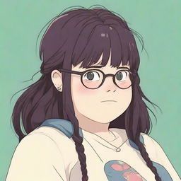 A high-quality digital art piece, drawn in the style of Studio Ghibli, features a chubby white girl with black dreadlocks and bangs, wearing see-through glasses