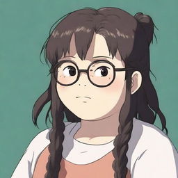 A high-quality digital art piece, crafted in the classic Studio Ghibli style, showcases a chubby white girl with black dreadlocks and bangs, wearing see-through glasses