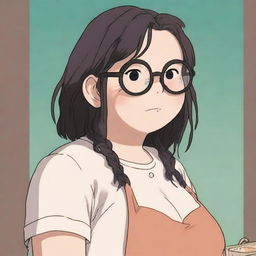 A high-quality digital art piece, crafted in the classic Studio Ghibli style, showcases a chubby white girl with black dreadlocks and bangs, wearing see-through glasses