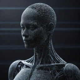 A detailed artwork showcasing the concept of AI taking form of a human with the digital binary code '2b'.