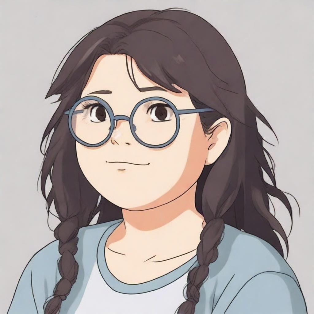 A high-quality digital art piece, crafted in the classic Studio Ghibli style, showcases a chubby white girl with black dreadlocks and bangs, wearing see-through glasses