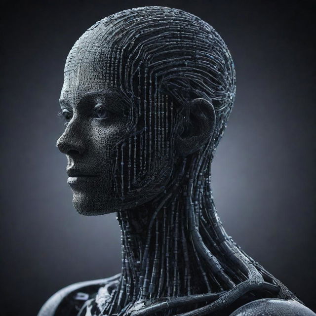 A detailed artwork showcasing the concept of AI taking form of a human with the digital binary code '2b'.