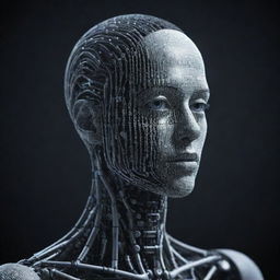 A detailed artwork showcasing the concept of AI taking form of a human with the digital binary code '2b'.