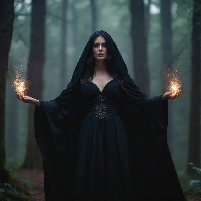 A menacing yet enchanting witch, draped in dark mystical robes, standing in a lush, moonlit forest, while conjuring a spell with sparks flying from her hands.