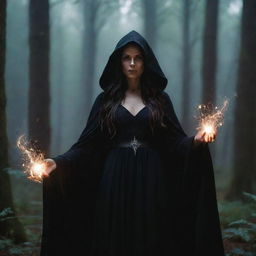 A menacing yet enchanting witch, draped in dark mystical robes, standing in a lush, moonlit forest, while conjuring a spell with sparks flying from her hands.