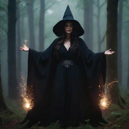 A menacing yet enchanting witch, draped in dark mystical robes, standing in a lush, moonlit forest, while conjuring a spell with sparks flying from her hands.