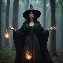 A menacing yet enchanting witch, draped in dark mystical robes, standing in a lush, moonlit forest, while conjuring a spell with sparks flying from her hands.