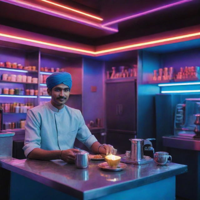 A chaiwala in a futuristic setting, serving traditional Indian tea using advanced technologies surrounded by neon lights and high-tech equipment.