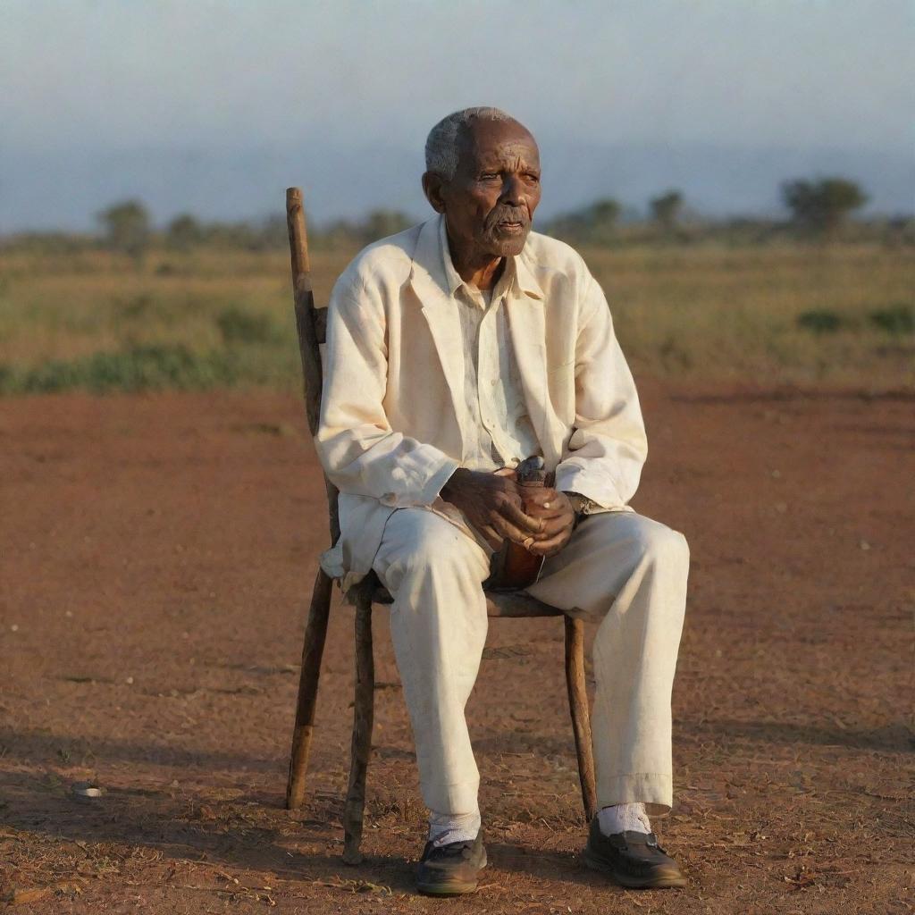 An elderly Ethiopian man sits on a traditional three-legged chair, holding a microphone and recounting tales. The backdrop is cinematically dramatic, reflecting the time: 6:30pm with the setting sun.