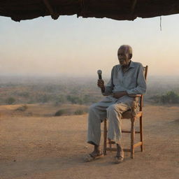 An elderly Ethiopian man sits on a traditional three-legged chair, holding a microphone and recounting tales. The backdrop is cinematically dramatic, reflecting the time: 6:30pm with the setting sun.