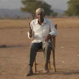 An elderly Ethiopian man sits on a traditional three-legged chair, holding a microphone and recounting tales. The backdrop is cinematically dramatic, reflecting the time: 6:30pm with the setting sun.