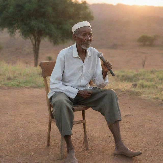 An elderly Ethiopian man sits on a traditional three-legged chair, holding a microphone and recounting tales. The backdrop is cinematically dramatic, reflecting the time: 6:30pm with the setting sun.