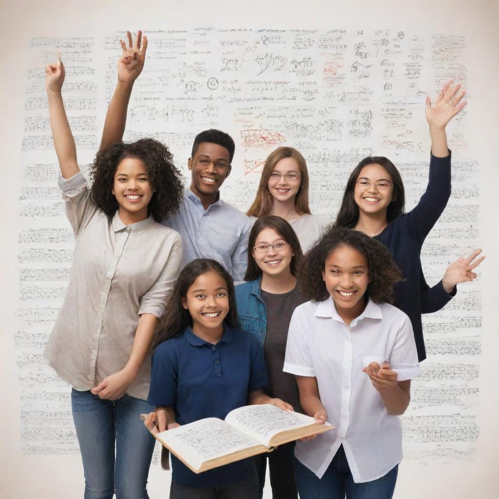 A group of diverse students joyfully demonstrating mastery over various subjects, highlighted by symbolic elements such as mathematical equations, scientific diagrams, literary works, musical notes, and artistic brushes.