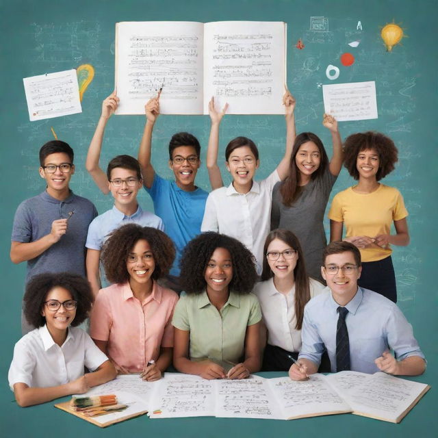 A group of diverse students joyfully demonstrating mastery over various subjects, highlighted by symbolic elements such as mathematical equations, scientific diagrams, literary works, musical notes, and artistic brushes.