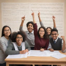 A group of diverse students joyfully demonstrating mastery over various subjects, highlighted by symbolic elements such as mathematical equations, scientific diagrams, literary works, musical notes, and artistic brushes.