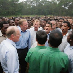 An intense scene of confrontation between environmentally conscious locals and sinister corporate personnel in the context of a community uprising. The background concern is environmental conservation.