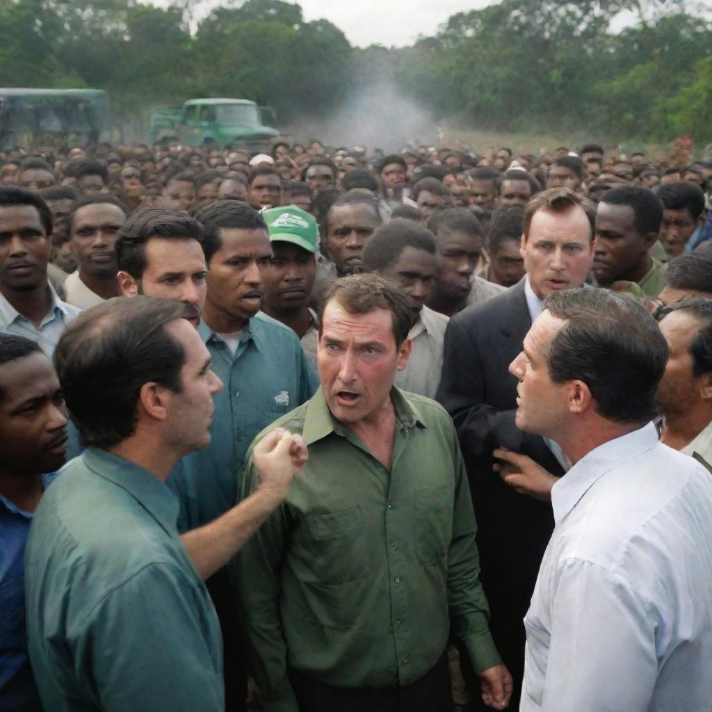 An intense scene of confrontation between environmentally conscious locals and sinister corporate personnel in the context of a community uprising. The background concern is environmental conservation.