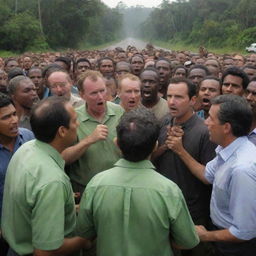 An intense scene of confrontation between environmentally conscious locals and sinister corporate personnel in the context of a community uprising. The background concern is environmental conservation.