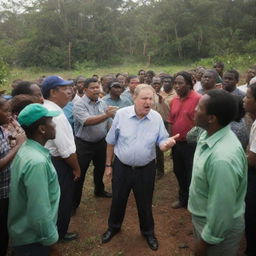 An intense scene of confrontation between environmentally conscious locals and sinister corporate personnel in the context of a community uprising. The background concern is environmental conservation.