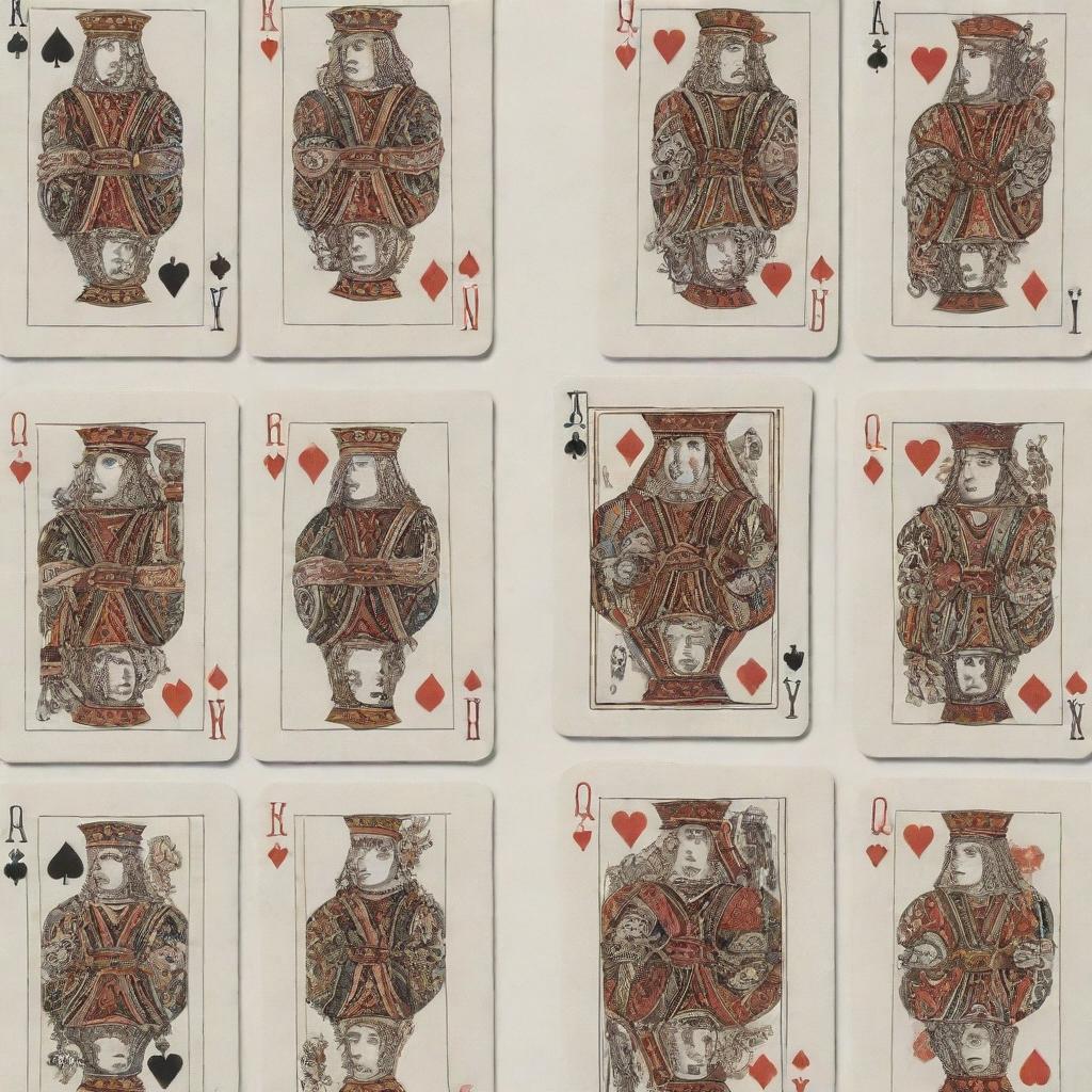 An arrayed full sheet of poker playing cards, showing all suits and numbers beautifully rendered with stunning detail on premium paper. Each card features intricate designs on the fronts and backs.