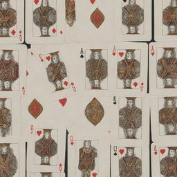 An arrayed full sheet of poker playing cards, showing all suits and numbers beautifully rendered with stunning detail on premium paper. Each card features intricate designs on the fronts and backs.