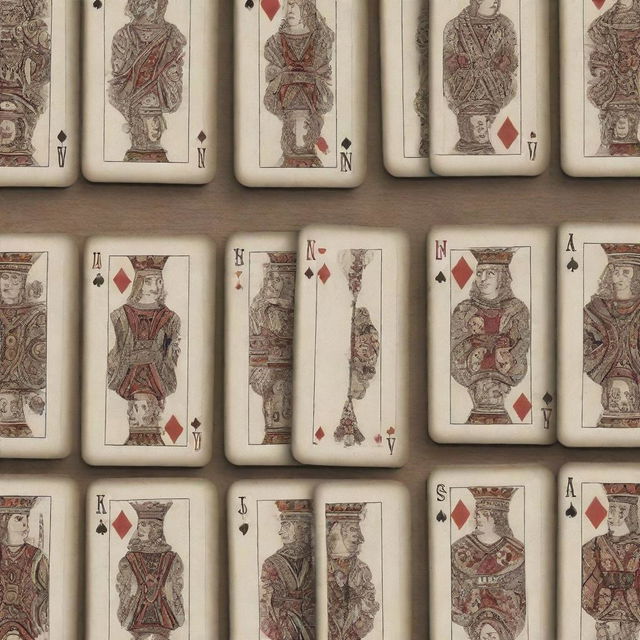 An arrayed full sheet of poker playing cards, showing all suits and numbers beautifully rendered with stunning detail on premium paper. Each card features intricate designs on the fronts and backs.