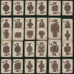 An arrayed full sheet of poker playing cards, showing all suits and numbers beautifully rendered with stunning detail on premium paper. Each card features intricate designs on the fronts and backs.